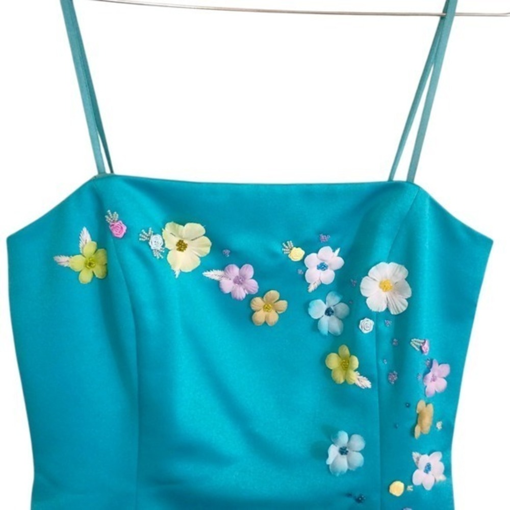 Maggy London Vintage Teal Satin 3D Floral Beaded Cocktail Sheath Dress Sz 8 - Picture 5 of 11
